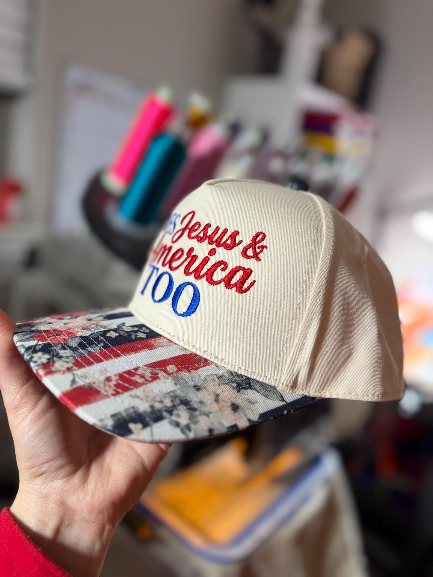 Loves Jesus and America too hat with floral bill