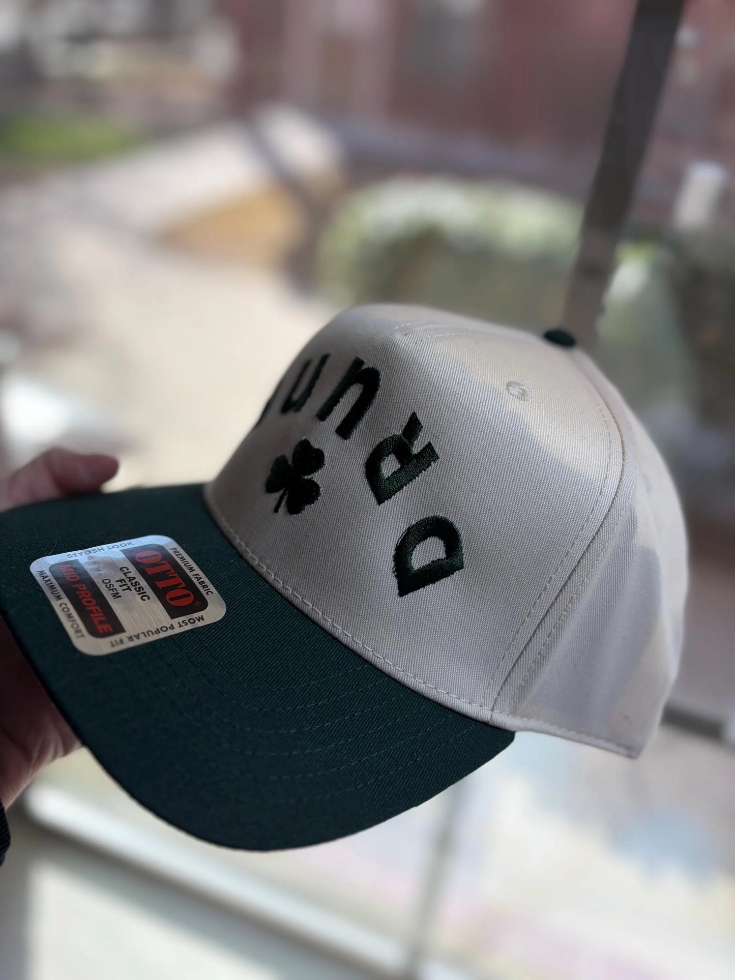 Drunk upside down shamrock Otto trucker hat
