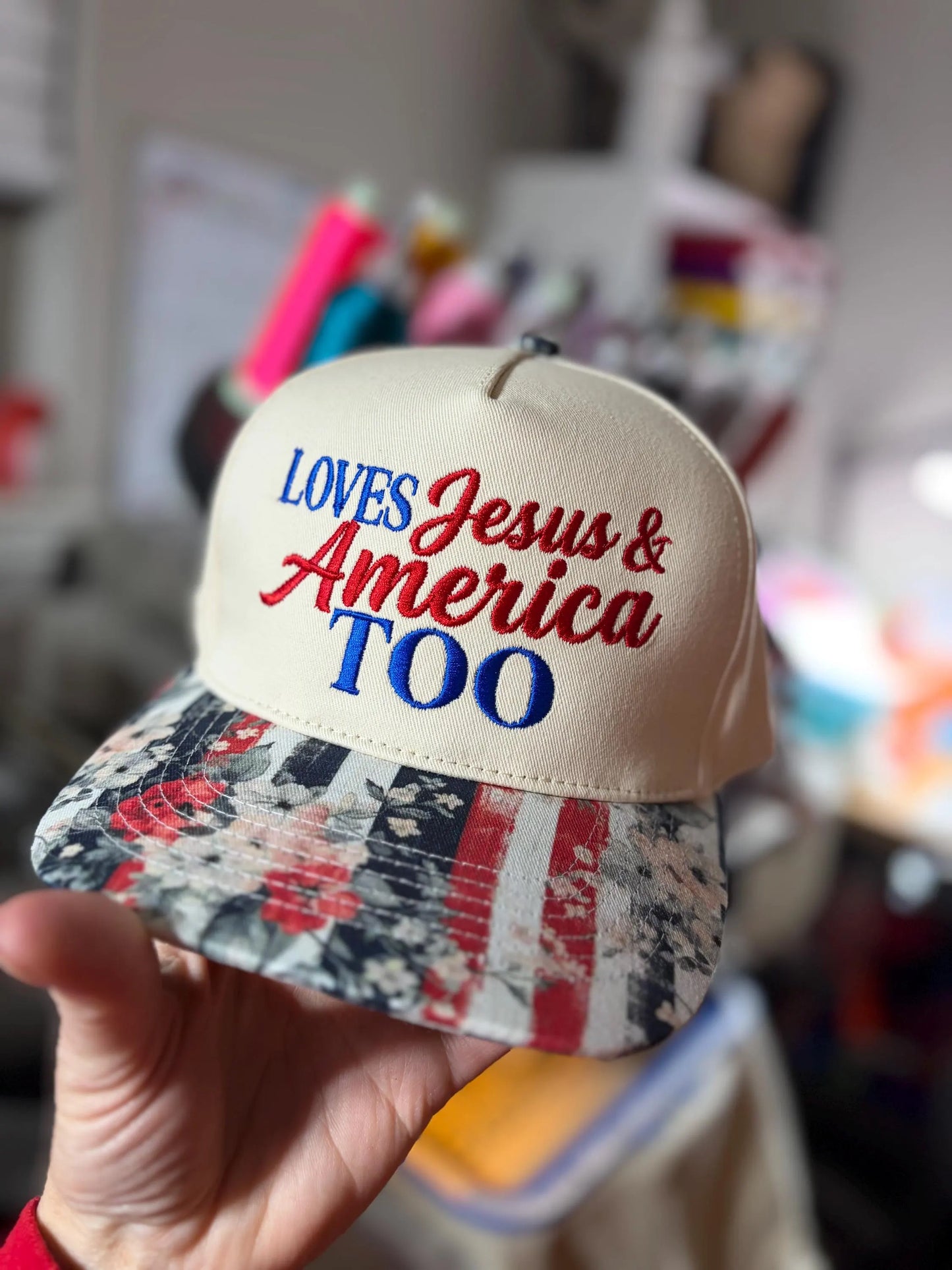 Loves Jesus and America too hat with floral bill