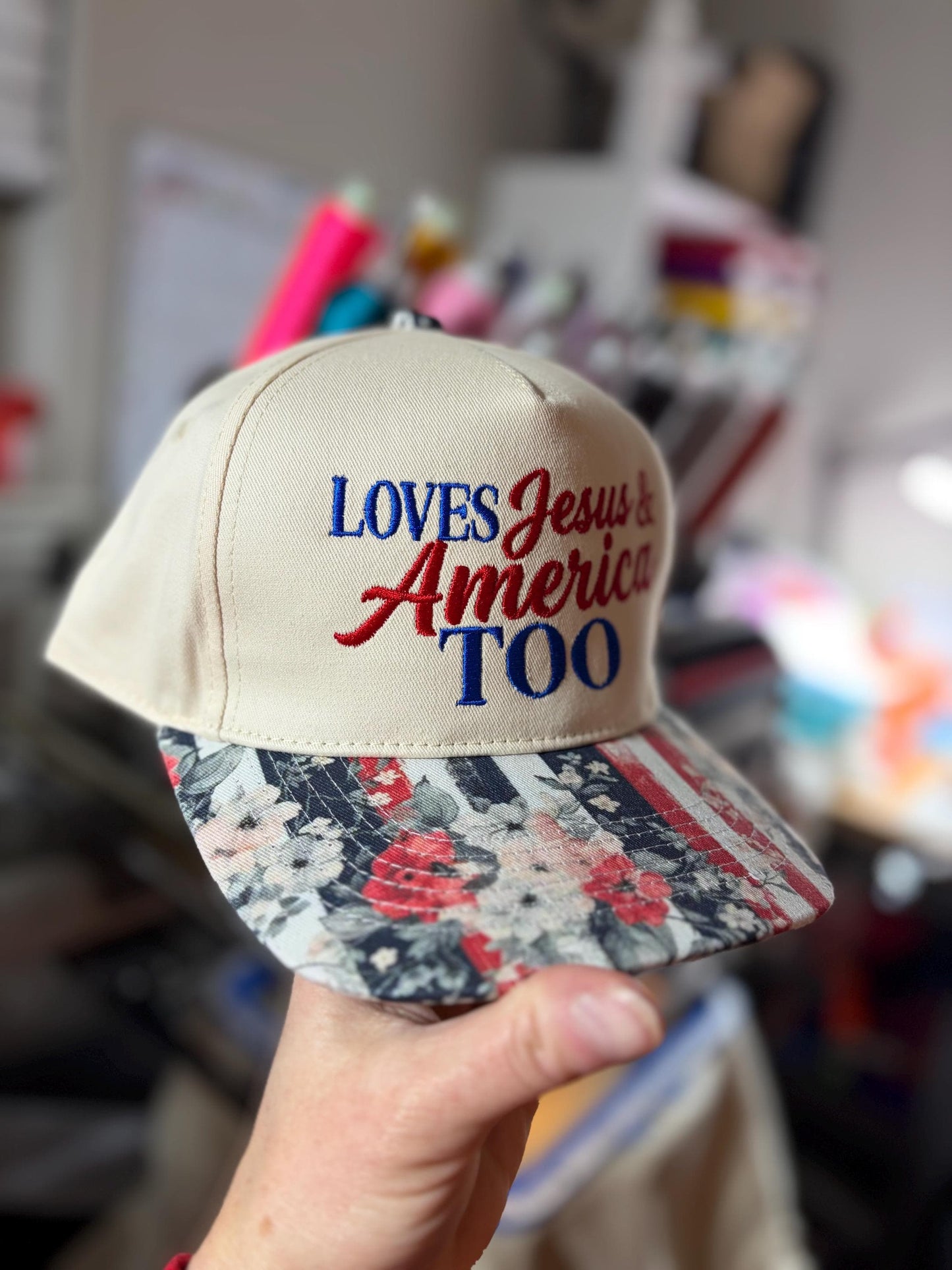 Loves Jesus and America too hat with floral bill