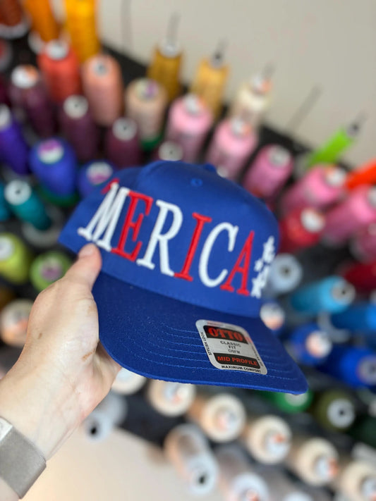 Oversized Merica puff embroidered canvas trucker hat