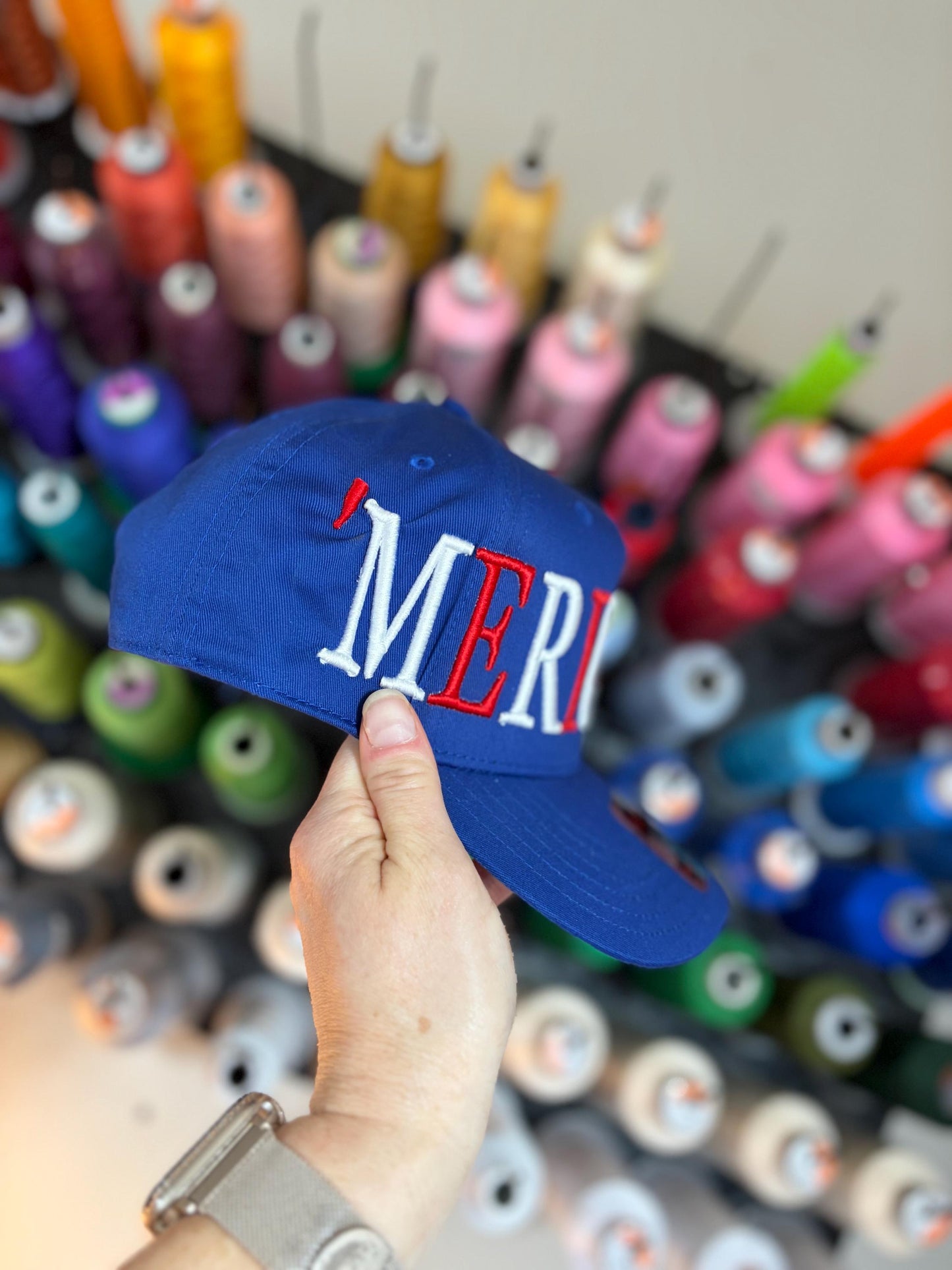 Oversized Merica puff embroidered canvas trucker hat