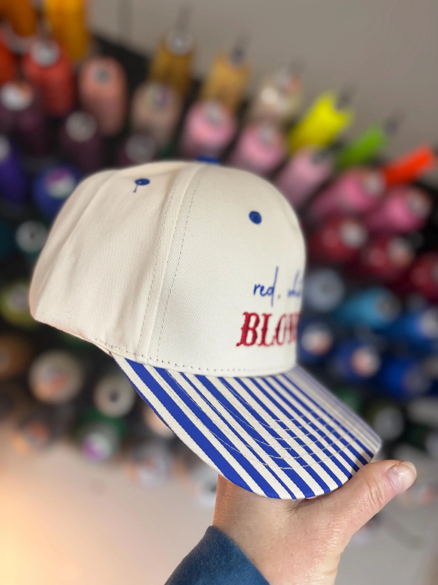 Red, White, Blonde pinstriped hat
