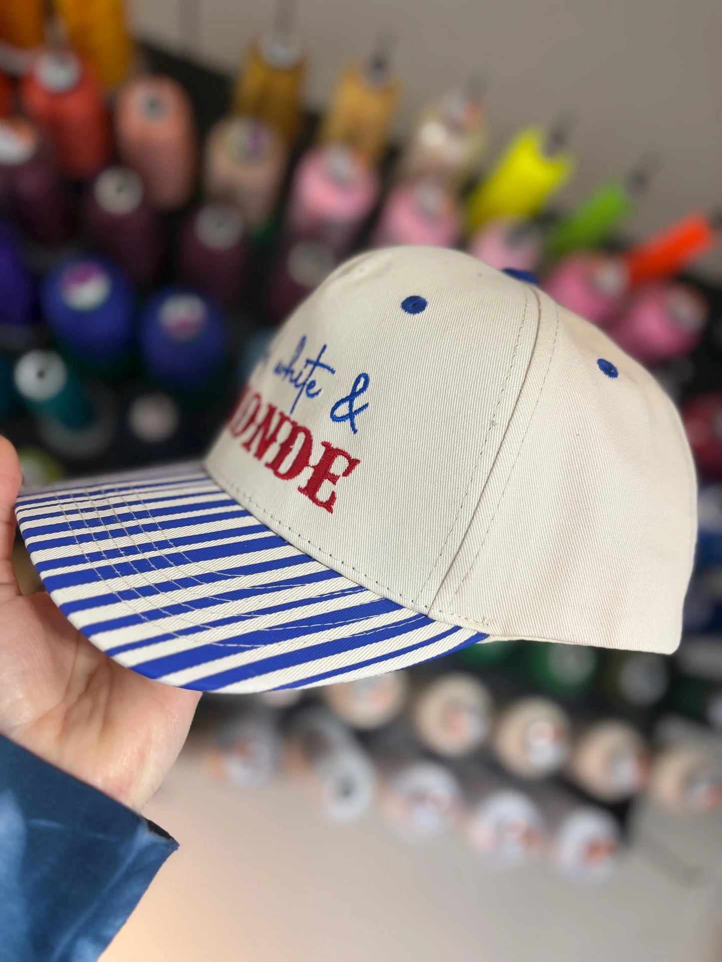 Red, White, Blonde pinstriped hat