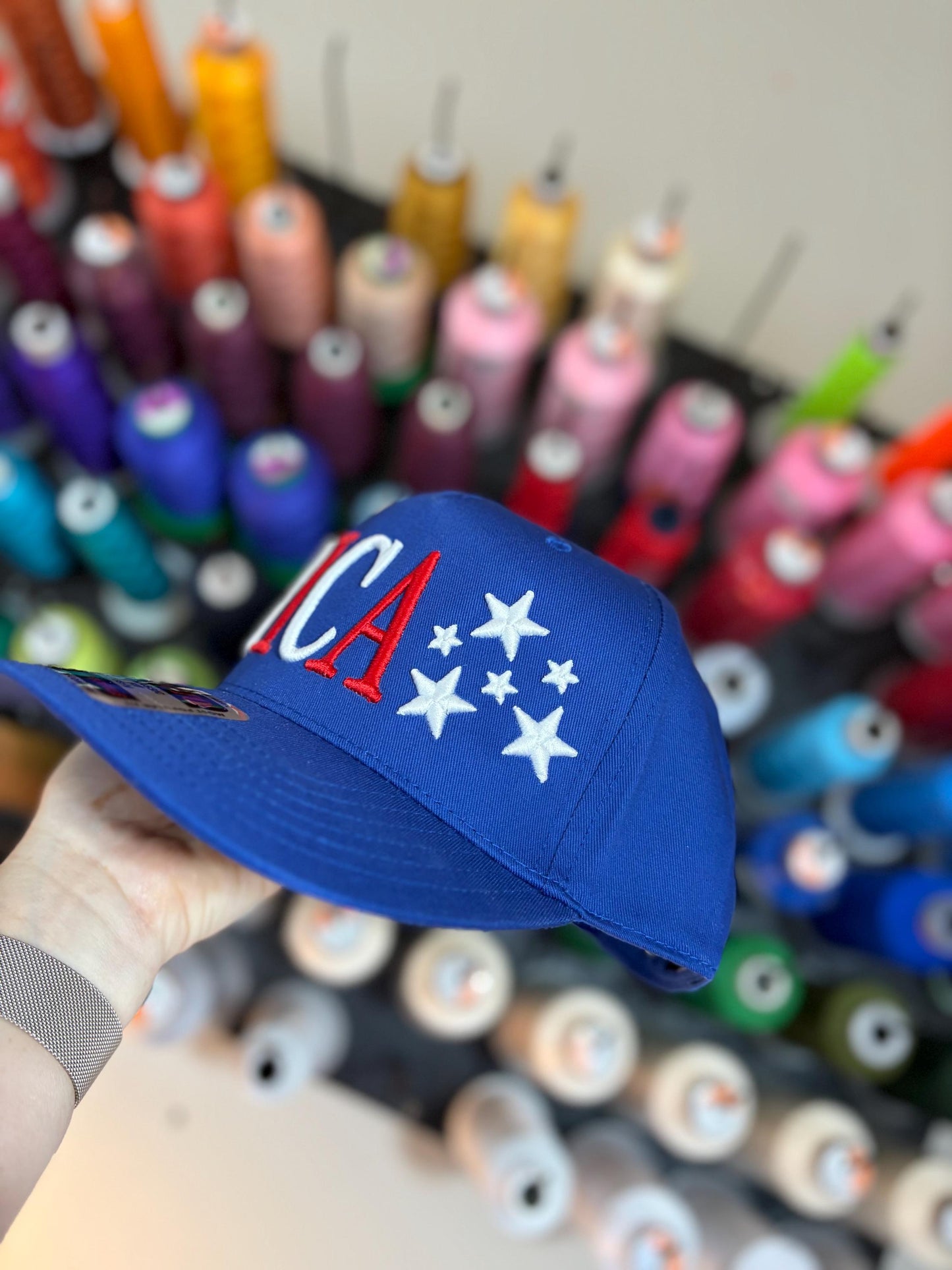 Oversized Merica puff embroidered canvas trucker hat